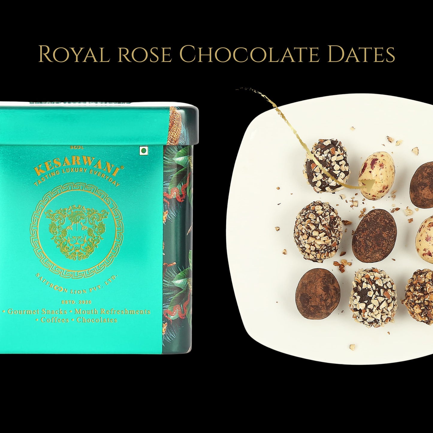 Assorted Date Chocolate Bites Tin (Almond, Coffee Dusted, Royal Rose)